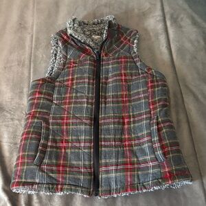 Maurices Red and Gray Plaid Vest with Sherpa Lining